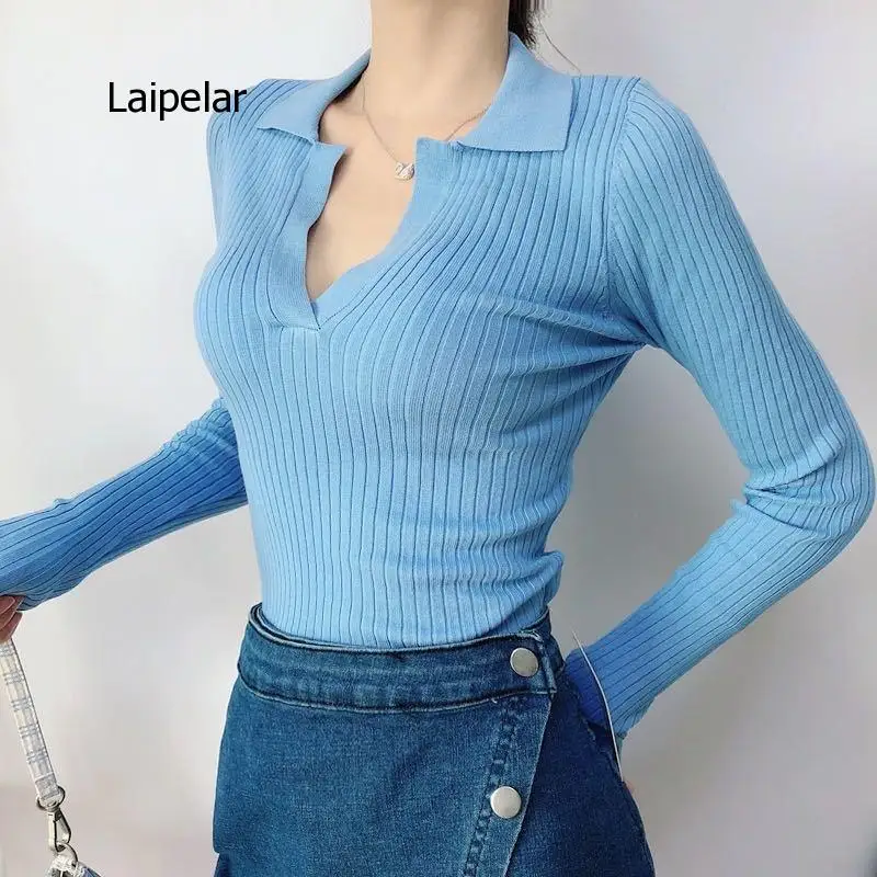 Retro candy color v-neck ribbed knit sweater women's long-sleeved soft pullover 2021 spring stretch pullover