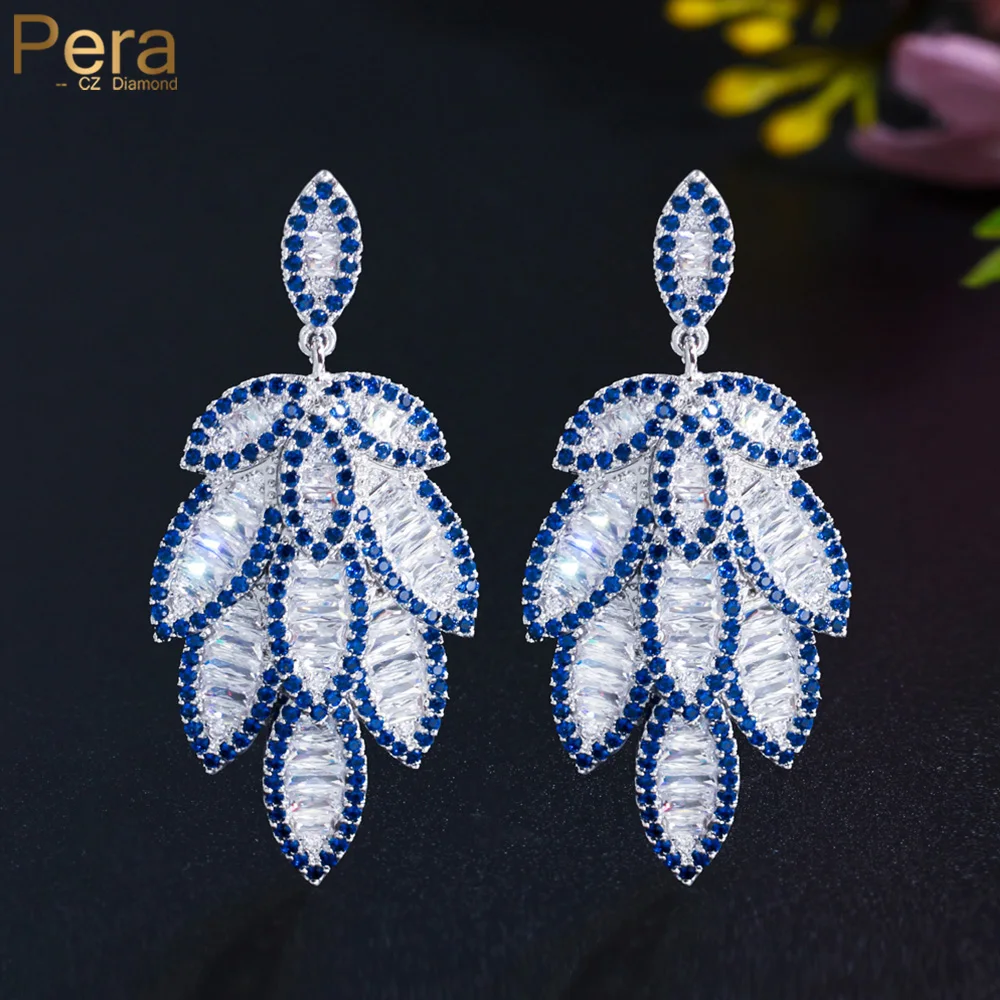 Pera Elegant Blue White CZ Crystal Long  Dangle Leaf Drop Earrings for Women Halloween Party Jewelry Gift Pendientes Mujer E825