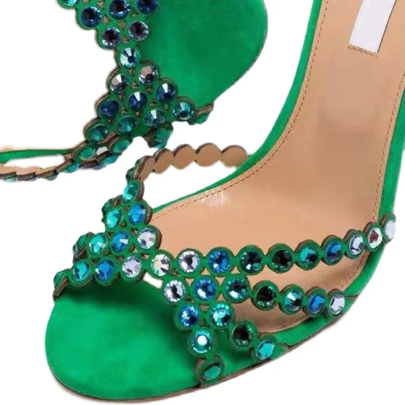 Green Purple Suede Glitter Rhinestone Beaded Strappy Sandals High Heels Jeweled Crystal Bride Shoes Banquet Pumps