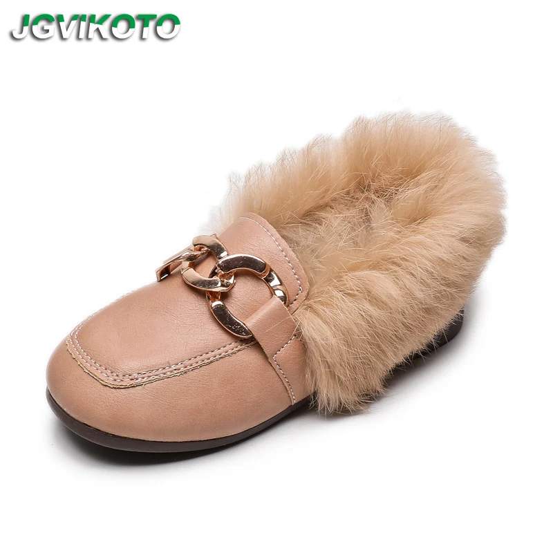 

Kids Casual Shoes For Girls Winter Cotton Shoes For Toddlers Girl & Children Flat Loafers With Thick Fur Hairy Metal Chain 21-30