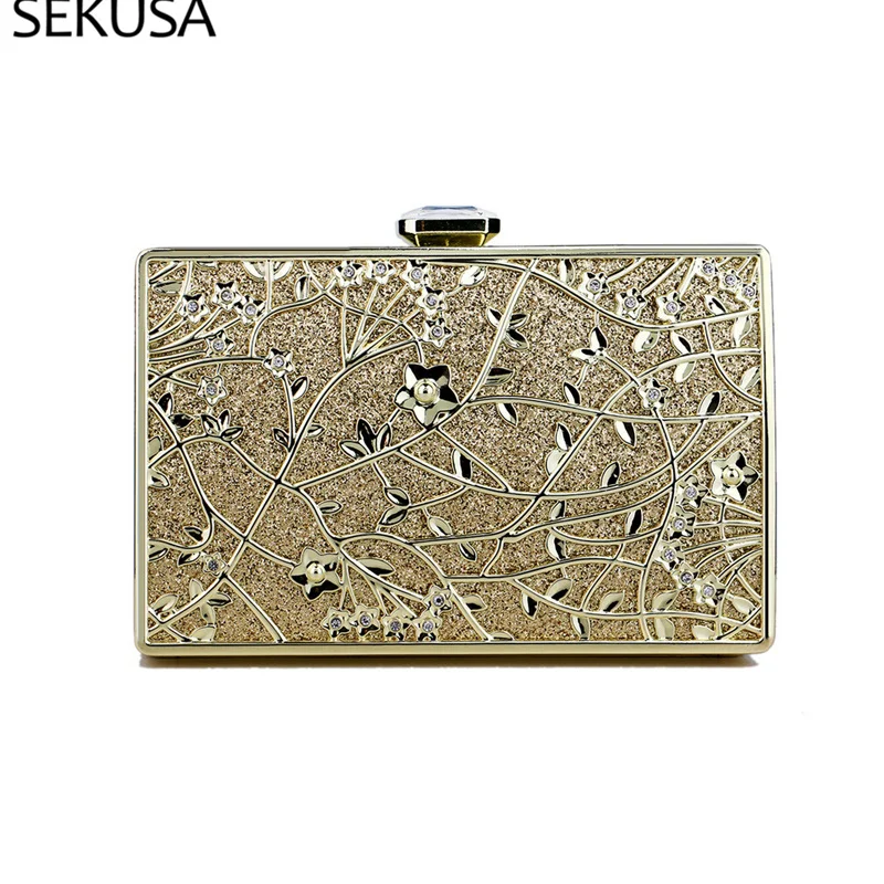 New Arrival Hollow Out Style Evening Bags Diamonds Metal Golden Luxury Day Clutch With Chain Shoulder Rhinestones Purse