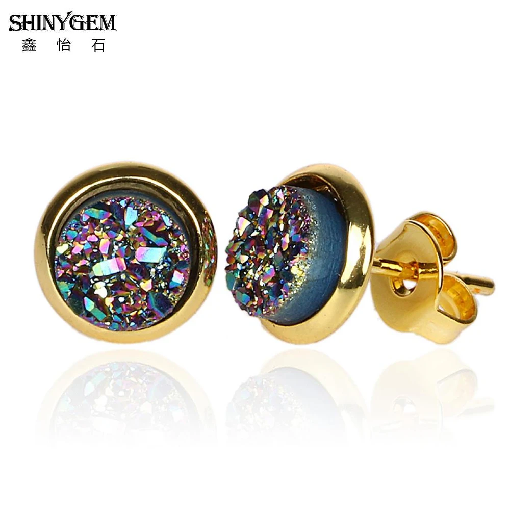 ShinyGem 6-12mm Round Natural Sparkly Crystal Druzy Stud Gold Plating Cute Mineral Stone Earrings For Women Wedding