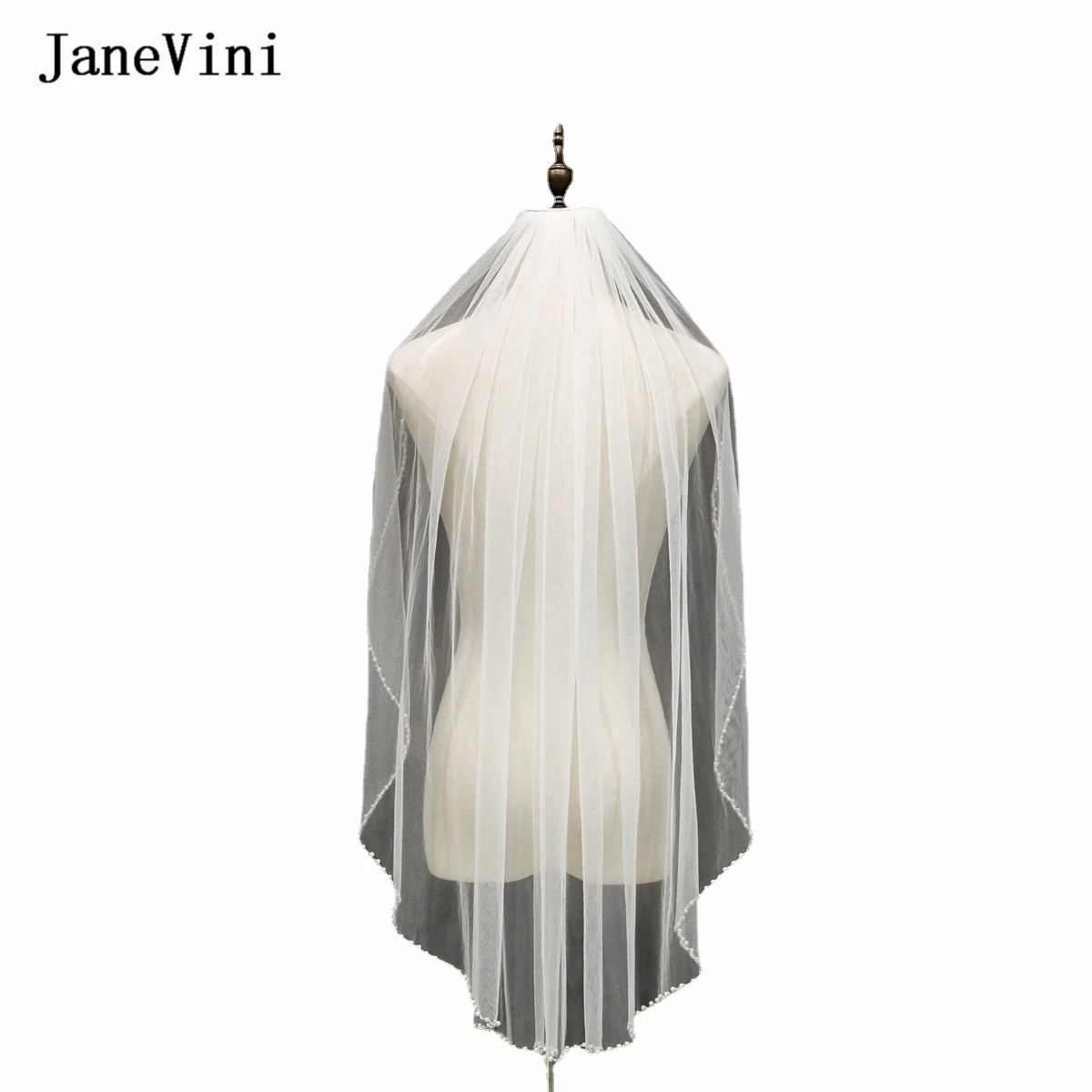 JaneVini-간단한 한 레이어 짧은 구슬 진주 웨딩 베일 손가락 끝 얇은 명주 그물 신부 베일 빗 웨딩 헤어 액세서리 2021