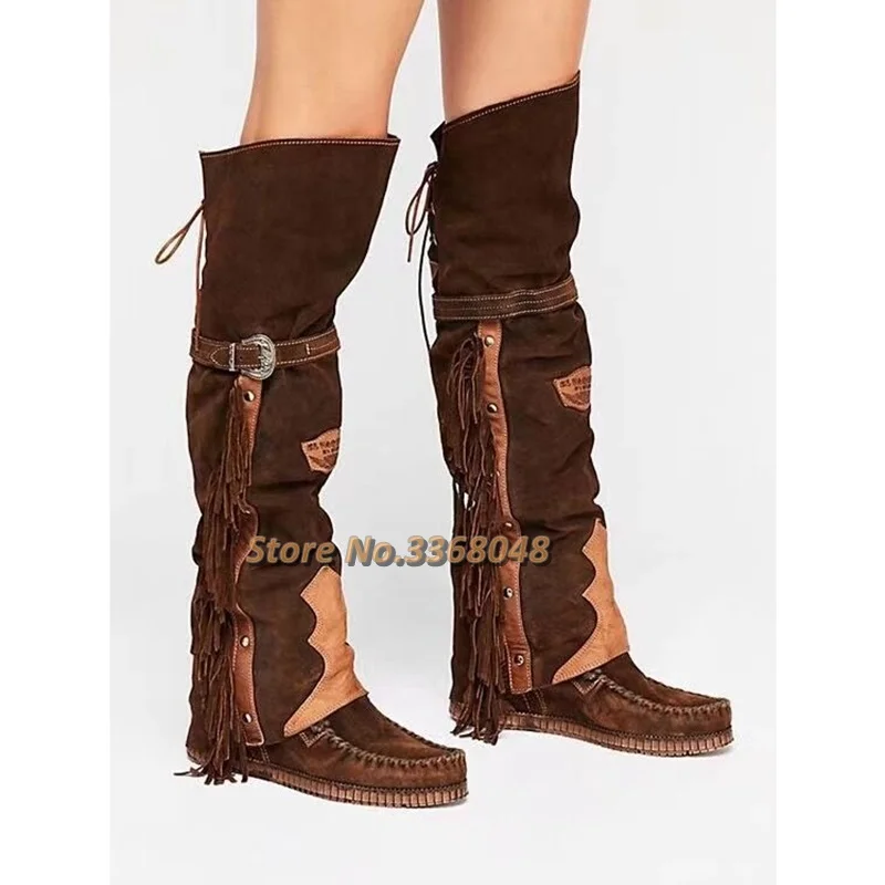 Frangia piatta con stivali sopra il ginocchio Filo da cucire Pelle scamosciata Punta tonda Gladiatore Roma Stivali Casual Scarpe da passerella