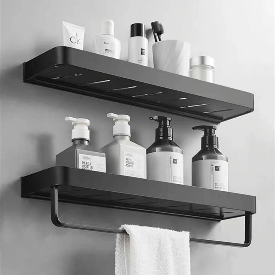 Black Aluminum Bathroom Shelf Kitchen Storage Rack Organizer Shower Shampoo Bars Accessory with Towel Holder Commodity Holder