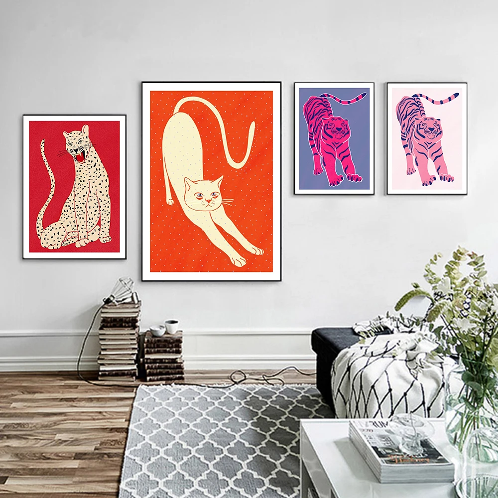 Nordic Abstract Animal Poster Red Pink Green Tiger Doesnt Lose Sleep Canvas Painting Wall Art Prints Picture Bed Room Home Decor