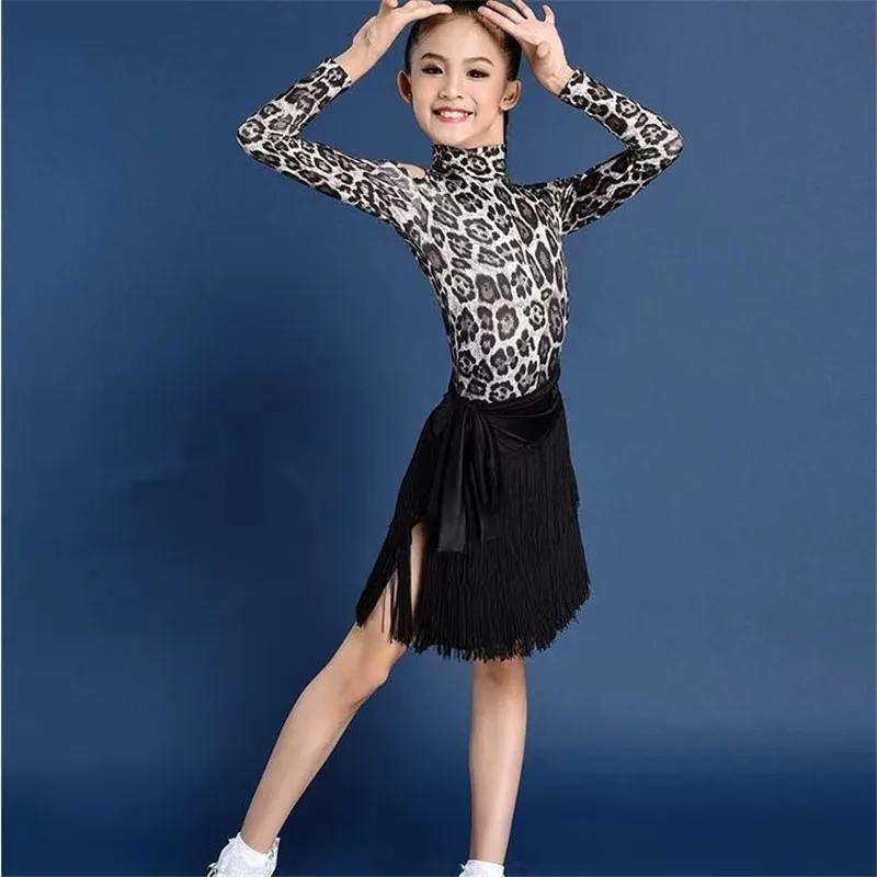 Girls Dance Costumes Dancer Dress For Women Latin Cha Cha Tassel Skirt Long Sleeve Leopard Print Patchwork Top Stage Performance