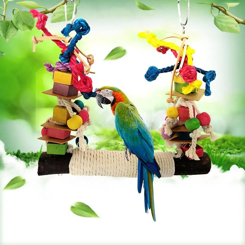 Parrot Toy Bird Bite Toy Perch Wooden Leather Colorful Building Block Cotton Rope Big Swing Standing Training Toys For Pet Birds