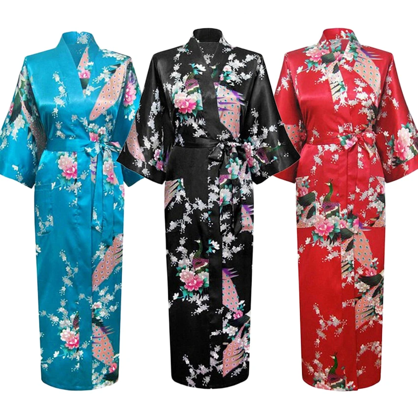 

Yukata – Robe de nuit longue en Satin, Style japonais, ample, paon, vêtements de nuit, Kimono Haori, Qipao chinois