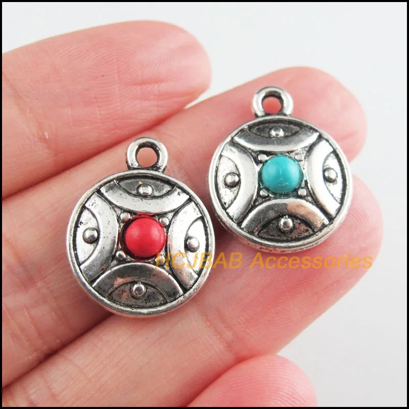 12 New Flower Charms Tibetan Silver Tone Red & Blue Stone Circle Pendants 16x20mm