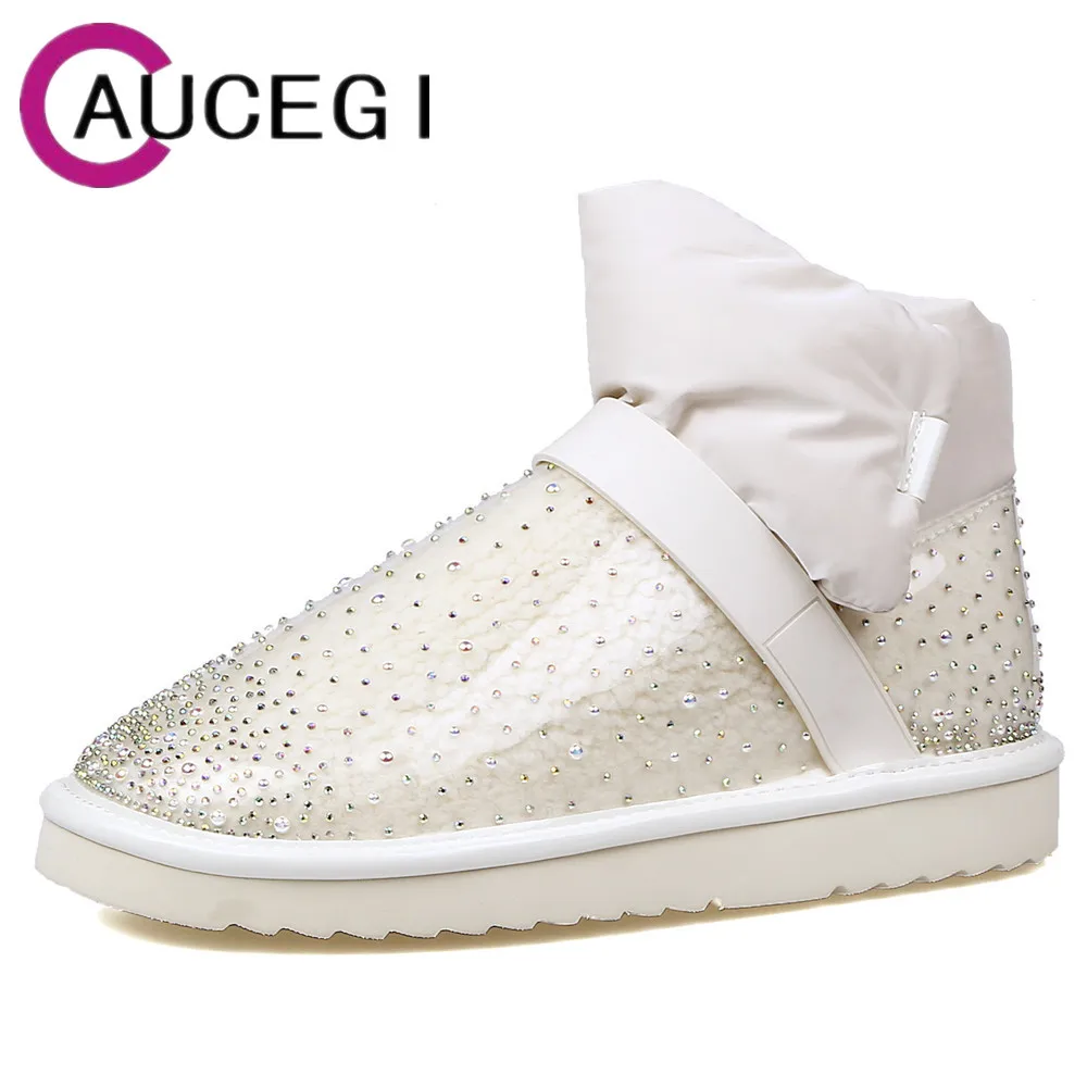 

Aucegi New Snow Warm Ankle Boots Women Transparent Waterproof Round Toe Crystal Slip-On Winter Ladies Anti Skin Handmade Shoes