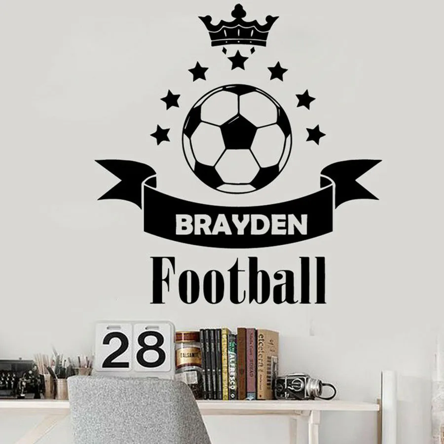 

Football Wall Decal Soccer Sports Custom Name Vinyl Wall Sticker Kids Boys Bedroom Home Decor Crown Stars Creative Mural M401