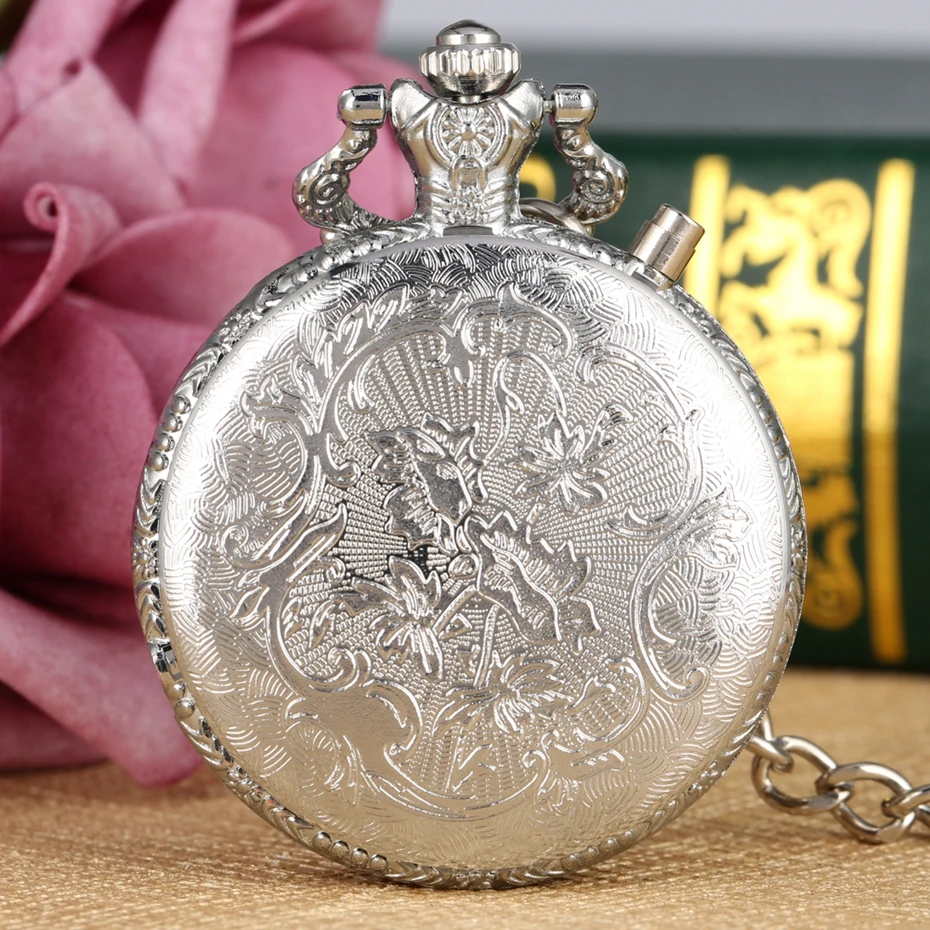 Silver Luminous LED Dial Quartz Pocket Watch Carved Train Locomotive Engine Steampunk Motor Railway Chain Pocket Fob Watches