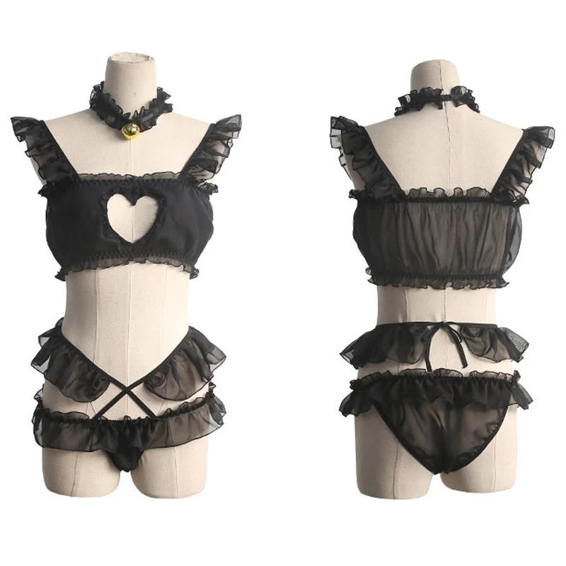 Conjunto de lingerie sexy para mulheres, coração oco íntimas, camisolas de cosplay anime, lingerie transparente lolita, tops e cinto, anel de pescoço