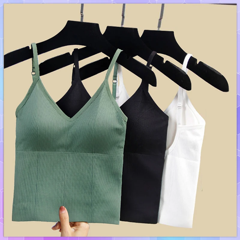 

Women Padded Bra Strap V Neck Cami Tank Tops Slim Backless Vest Camisole Female Summer Sleeveless Solid Basic Top With Chest Pad