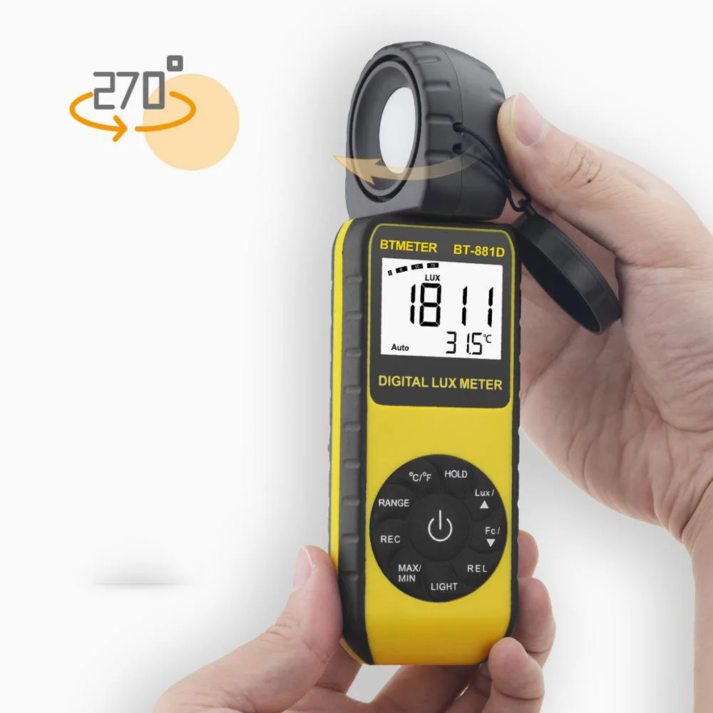 BTMETER Digital Illuminance Light Meter 0.1~400,000 Lux,Sensor Head Rotate with LUX/FC,Handheld Ambient Temperature Measurer