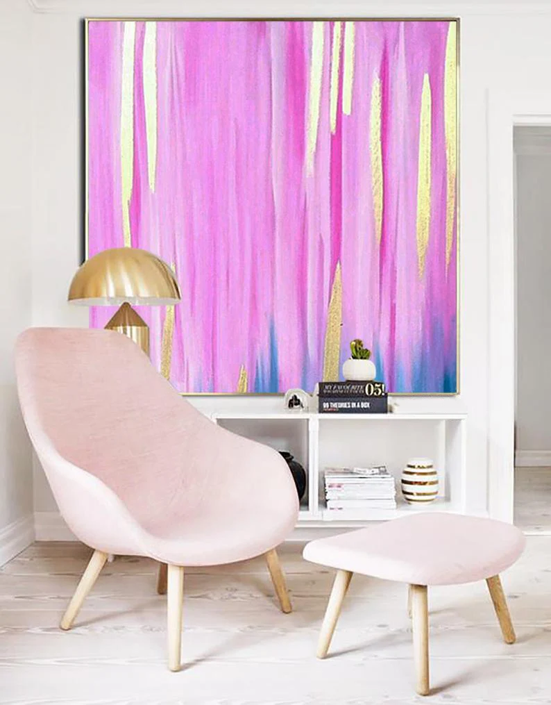 

Pink Large Abstract Painting On Canvas Large Wall Art Acrylic Gold Painting Blue Painting Handmade Art For Girls Room