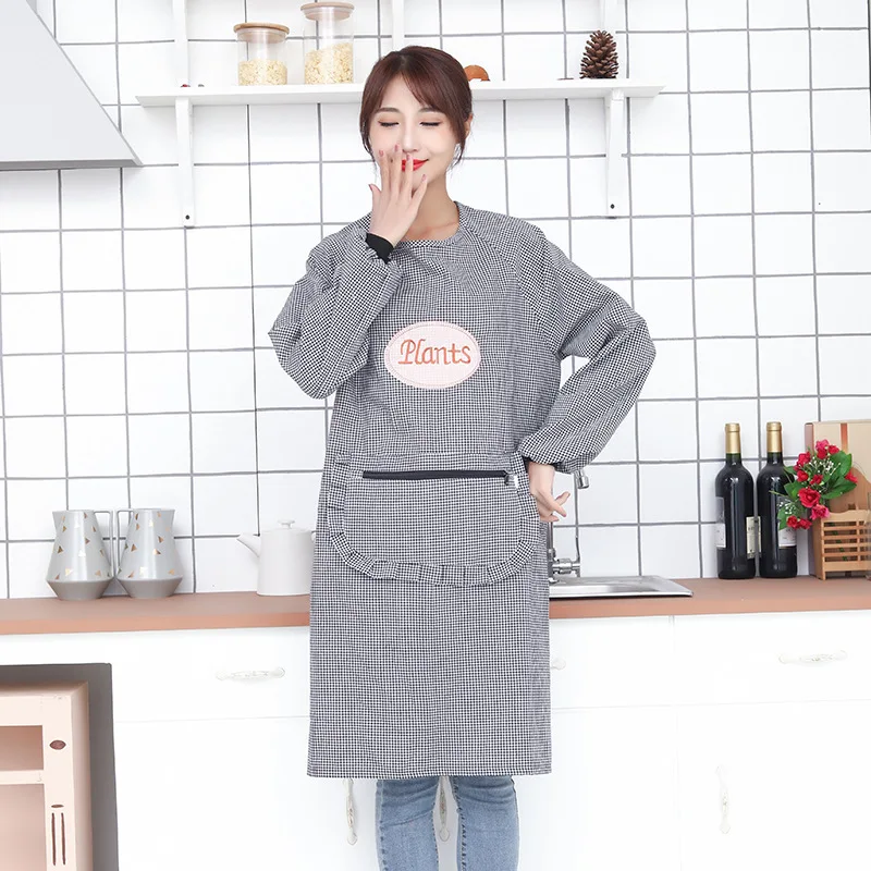 Household Kitchen Cleaning Baking Cooking Cotton Plaid Long Sleeve Apron Women\'s Waterproof Oil Proof Coverall Adult Fashion