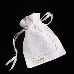 B023：12 pieces White Linen Cotton  embroidery  Gift Sachet bags Travel storage pouch Drawstring bags