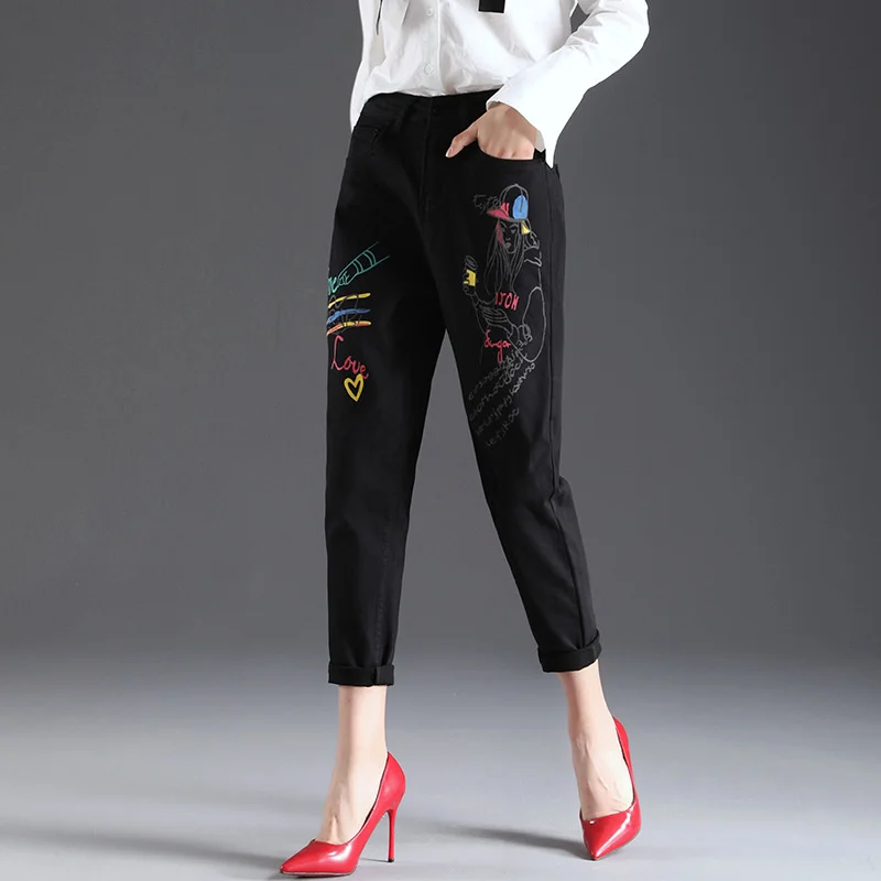 

Painted Fashion Black Jeans Women Street Loose High Waist Stretch Harem Pants Winter New Thicken Office Lady Denim Trousers