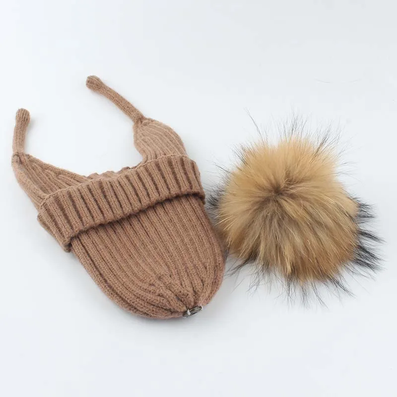 Kids Earflap Beanie Boy Girl Winter Wool Hat Real Fur Pompom Hat Warm Knitted Baby Hat Children Pompon Beanies Cap