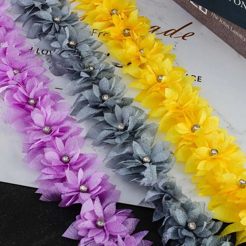 

10 ярдов 3D шифоновый кластер цветы кружевная отделка платье украшение Стразы ткань аппликация отделка Швейные принадлежности красный розовый