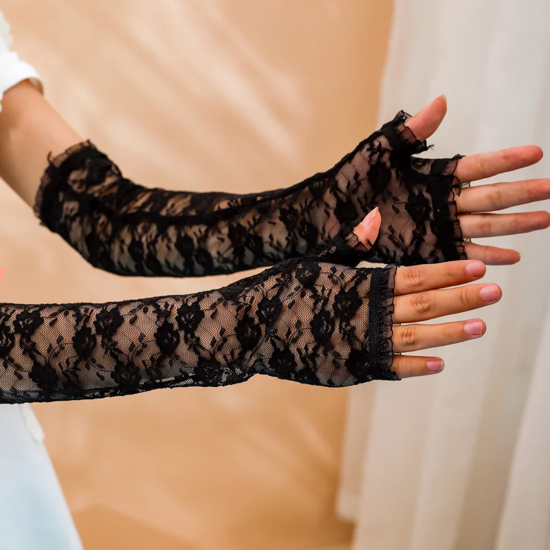 Long Lace Hollow-Out Fingerless Gloves Sun Protection Sleeves Mesh Lace Thin Cycling Sexy Accessories Black Bare Finger Gloves