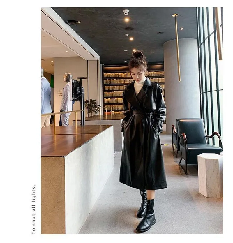 Nerazzurri Spring Black Oversized Long Waterproof Leather Trench Coat for Women 2021 Long Sleeve Loose Korean Fashion Clothing