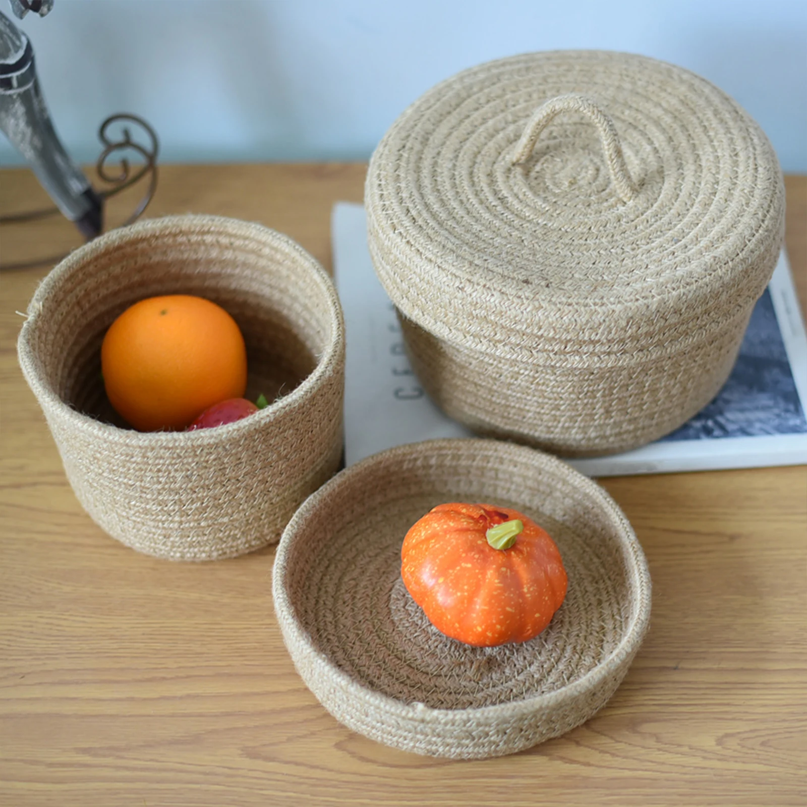 

Cotton Woven Storage Basket With Cover Laundry Baskets Store 16*12.5cm Lidded For Storing Clothes Blankets Toys Snack Organizer