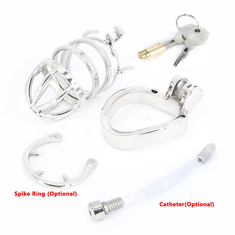 Male Stainless Steel Cock Cage Penis Ring Sleeve Chastity Device Belt with Catheter Spikes Lockable Adult Sex Toys for Men