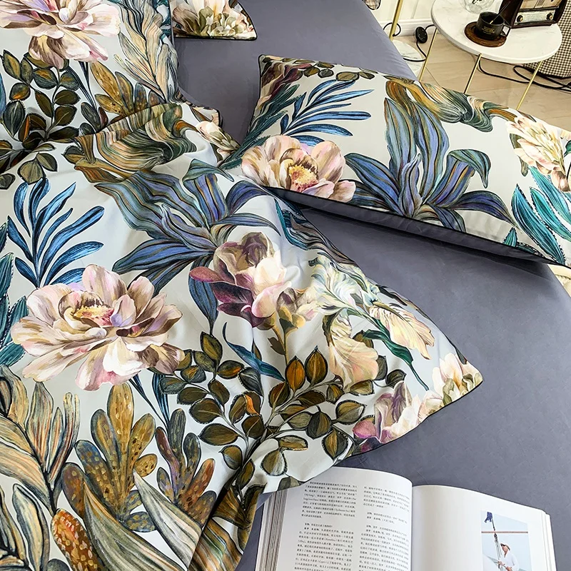 Tropical Leaves Flowers Duvet cover set Silky Soft 100%Egyptian Cotton Bedding set Queen King Bed sheet Quilt Cover Pillowcases