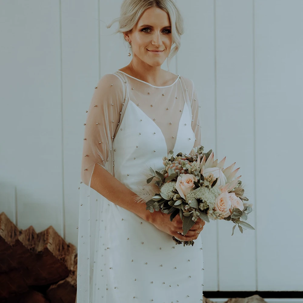 Vestido de novia de manga larga nupcial de dos piezas con perlas, ilusión personalizada, abertura larga de tul, tirantes finos con espalda al aire libre