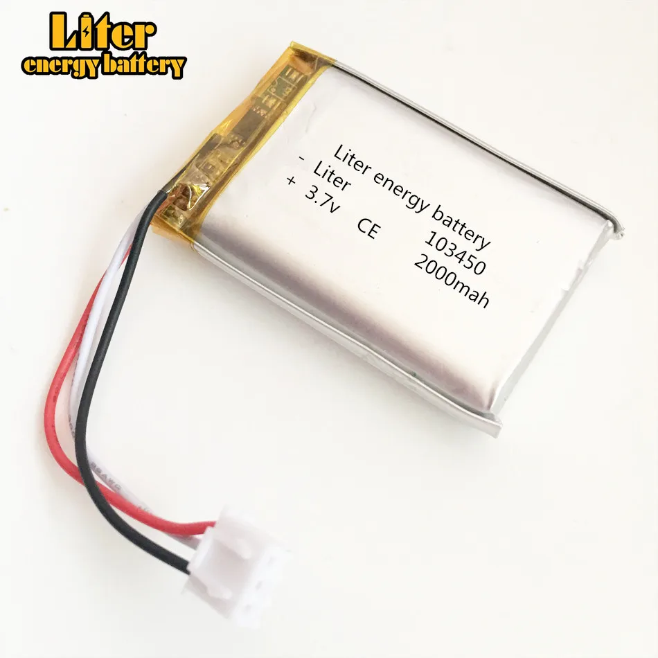 Batteria ricaricabile al litio polimero JST 2.54mm 3pin 3.7V 2000mAh 103450 per navigatore GPS DVD e-book camera