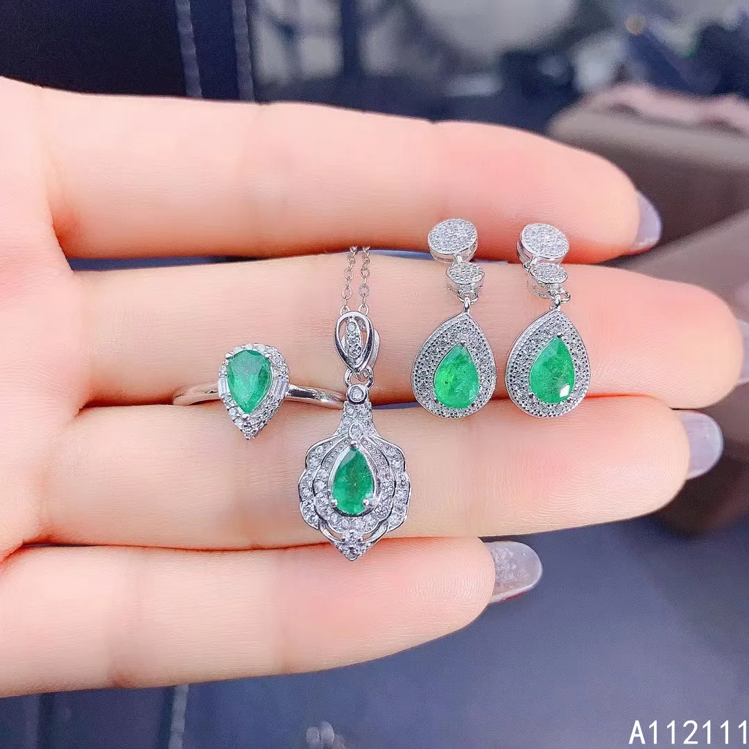 

Fine Jewelry 925 Pure Silver Inset With Natural Gem Women's Luxury Exquisite Water Drop Emerald Pendant Ring Earring Set Support