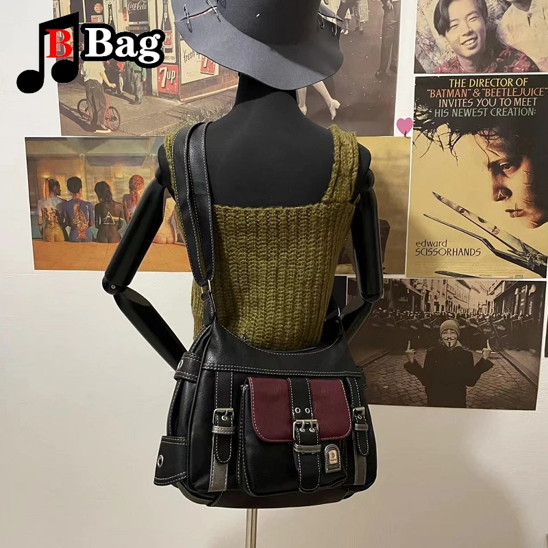 Y2K Vintage High Quality PU Leather Shoulder Bag tote Women\'s Hip hop Messenger Bag Large Capacity Handbag Commuter Bag Female