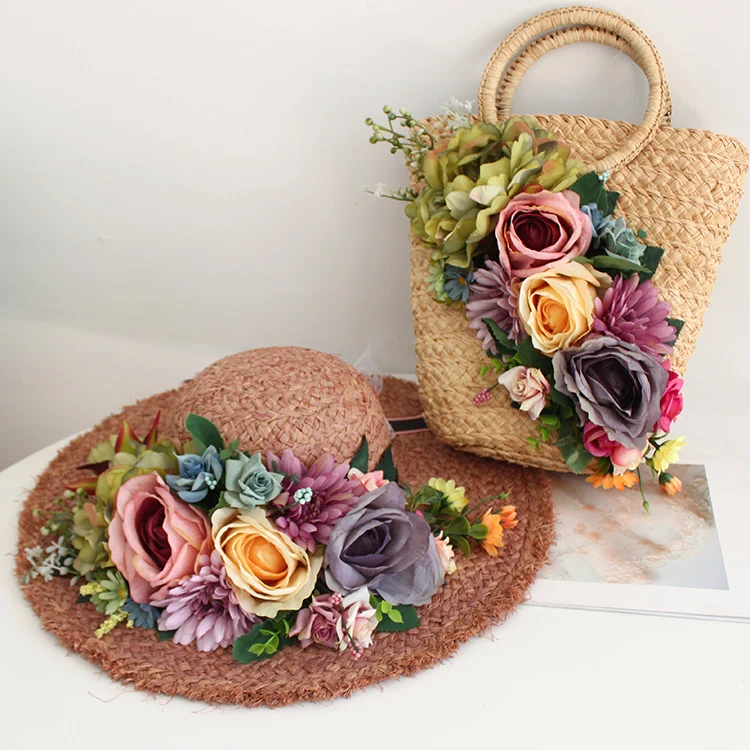 High-end Customized Multicolor Artificial Flower Straw Beach Bag and Hat Suit Women Fashion Rattan Holiday Summer Lady Tote Bag