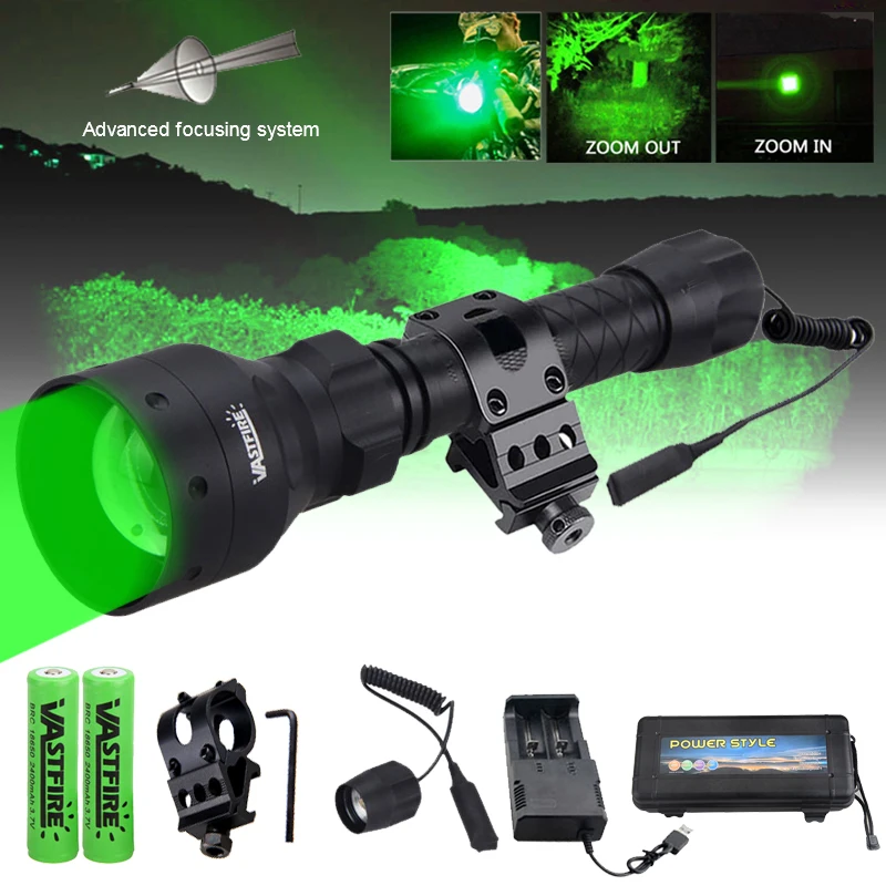 VASTFIRE T50 XP-E2 500 Yards Zoomable Green LED Weapons Light 55mm Lens Focus Tactical Rifle Airsoft Night Hunting Flashlight