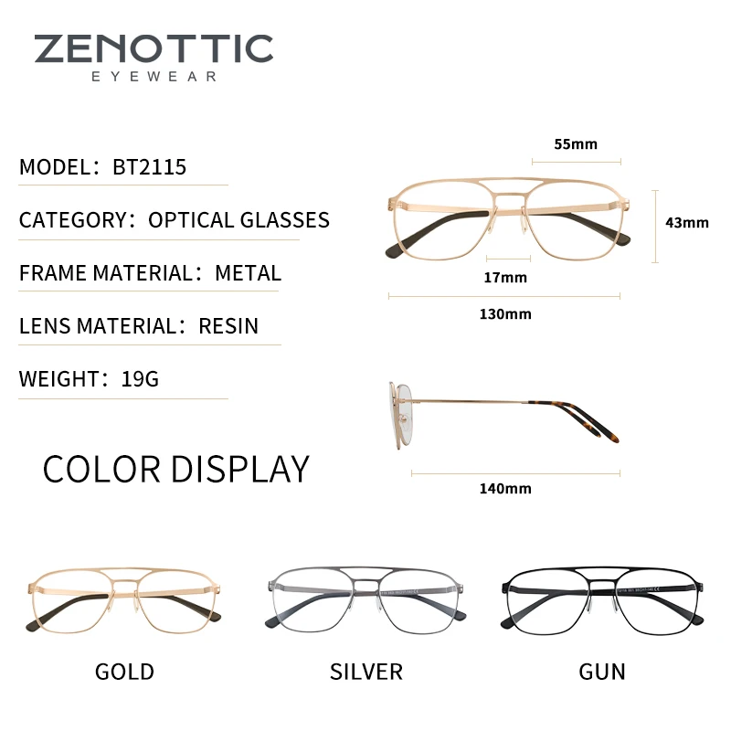 ZENOTTIC Design Double Bridge Glasses Men Lightweight Pilot Large Optical Eyeglass Frame