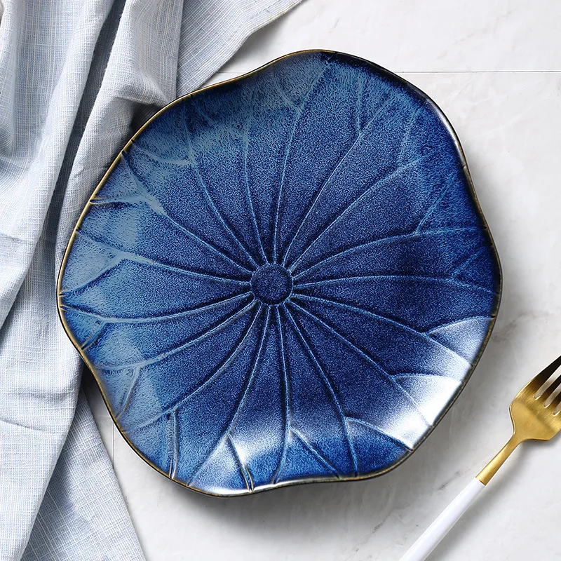 Japanese Kiln Change Blue Ceramic Dinner Plates Lotus Leaf Dessert Dishes Restaurant Serving Tray Household Creative Dinnerware