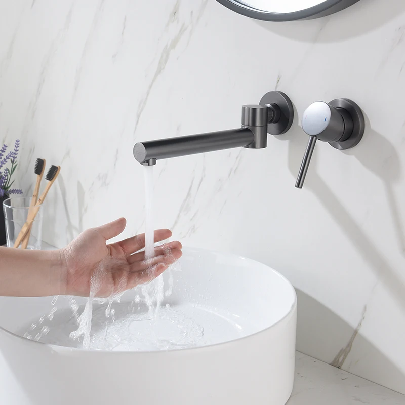 

Simple Fashion Brass Bathroom sink faucet Wall Mounted Cold hot water Basin Tap High Quality Single handle Rotatable nozzle