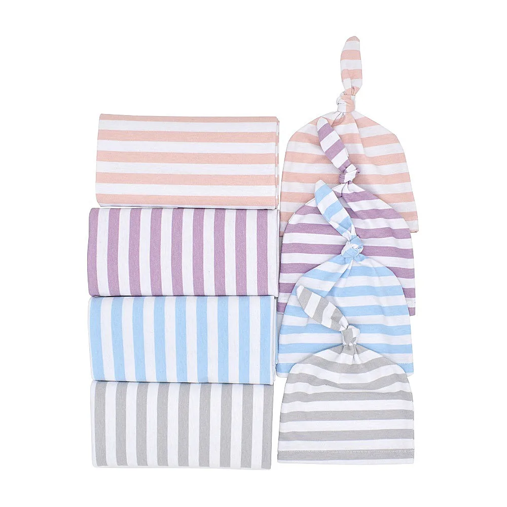 Rainbow Stripe Baby Swaddling Blanket Cap Cotton Baby Receiving Blanket and Hat Bedding Sleeping Bag for Newborn Babies Infants