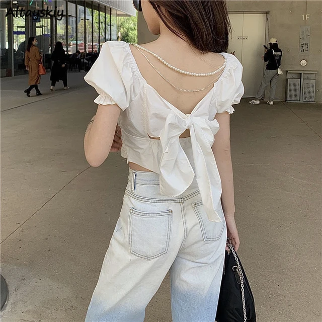 Blouses Women Bow Design Chic Korean Style Summer Slim Sweet Cute Leisure Ladies Crop Top Sexy Solid All match Holiday Ins Soft Women Blouse AliExpress