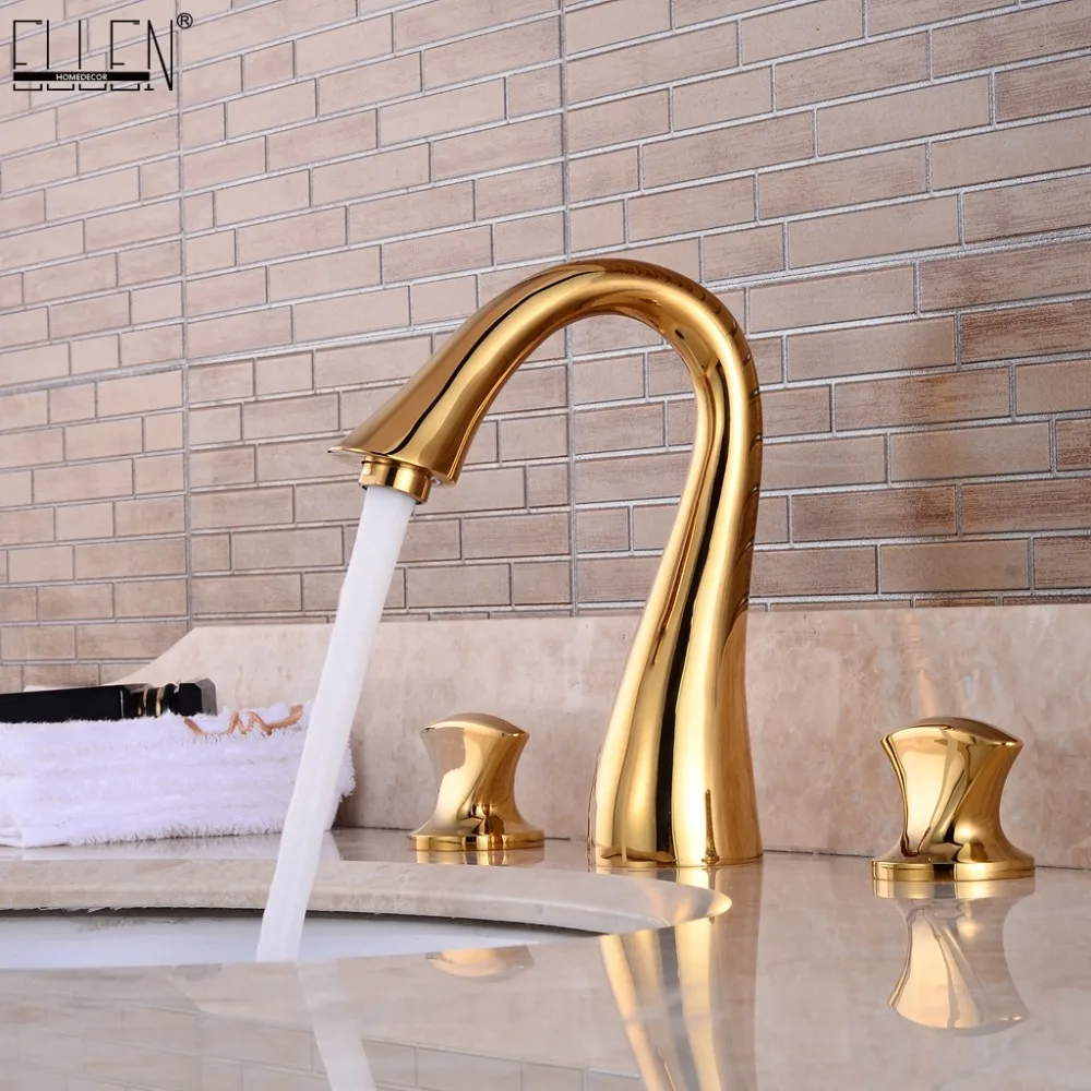 Vidric Bathroom Faucet 3 Hole Double Handle Golden Solid Brass Waterfall Basin Sink Mixer Tap Widespread