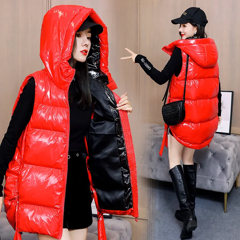 Imagem -04 - Cabolsa de Parka Acolchoado de Algodão Feminino sem Mangas Colete Fino Brilhante Colete com Zíper Sólido Brilhante Qualidade Superior Outono e Inverno