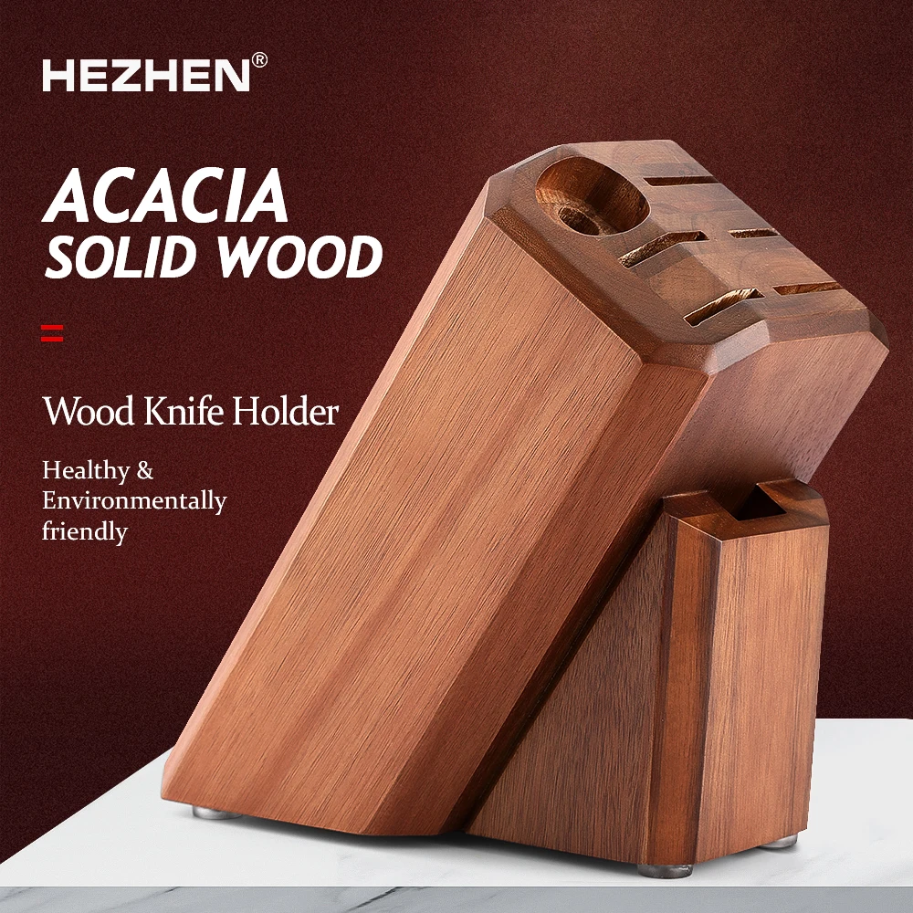 

HEZHEN 8PC Acacia Wood Knife Holder Storage Chef Santoku Utility Parking Walnut Scissors Sharpener Rod Stainless Steel