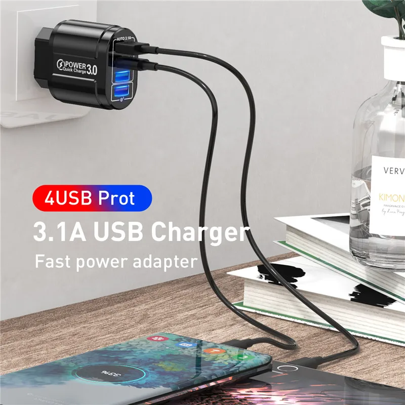 USLION 4 Ports 48W USB Charger Fast Charge QC 3.0 Wall Charging For iPhone Samsung Mobile Korean Standard Plug Adapter Travel