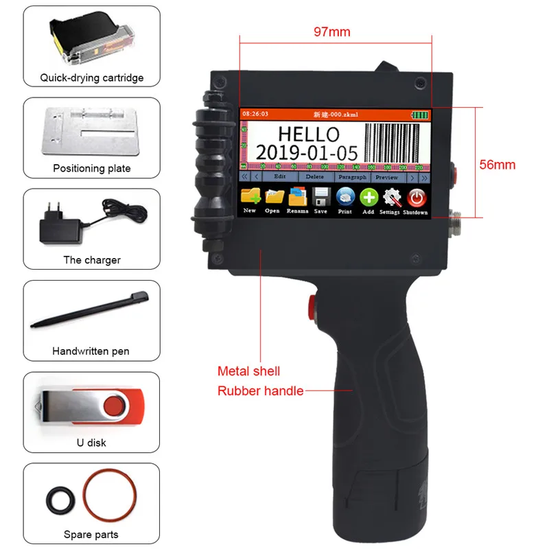 25.4mm Handheld Printer Mini Inkjet with  25 Languages & 300-600DPI Touch Screen for  Bar Batch Code Variable Date Number Logo