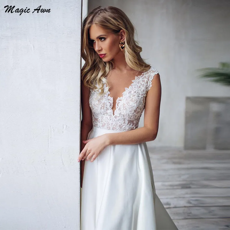 Magic Awn-Vestidos de novia de satén con encaje, ropa de novia Bohemia con escote en V, Espalda descubierta, línea A, tren de barrido, Princesa, elegante, 2021