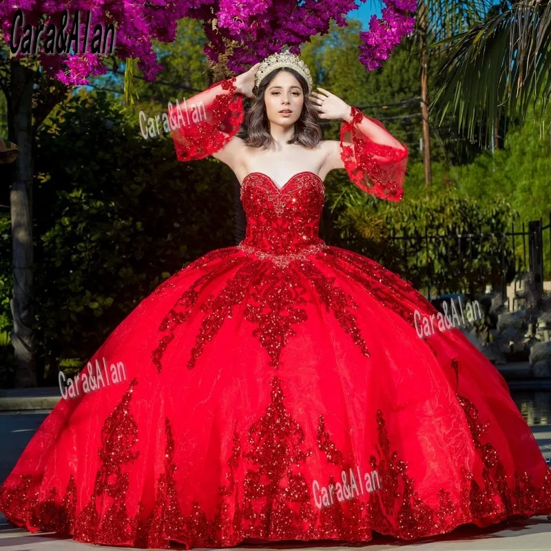 Vestido de quinceañera con mangas extraíbles, apliques de lentejuelas, vestido de graduación largo, dulce 16, rojo oscuro, mexicano, 15 años