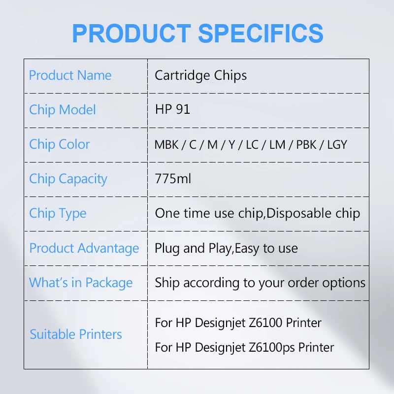 OCINKJET 8 Colors For HP 91Cartridge Chip One Time Use Chip For HP DesignJet Z6100 Z6100ps Printer